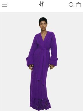 Hanifa MIYA Knit cardigan dress | Purple Oversized Knit Fringe Belted Robe Dress